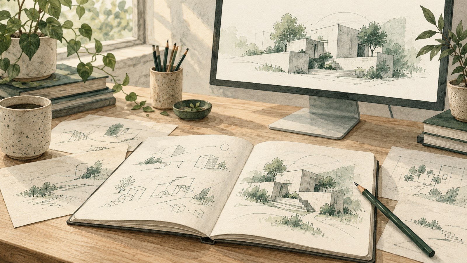 Ink-and-watercolor illustration of an open notebook, loose sketches, and a computer screen, with simple structures taking shape across them.