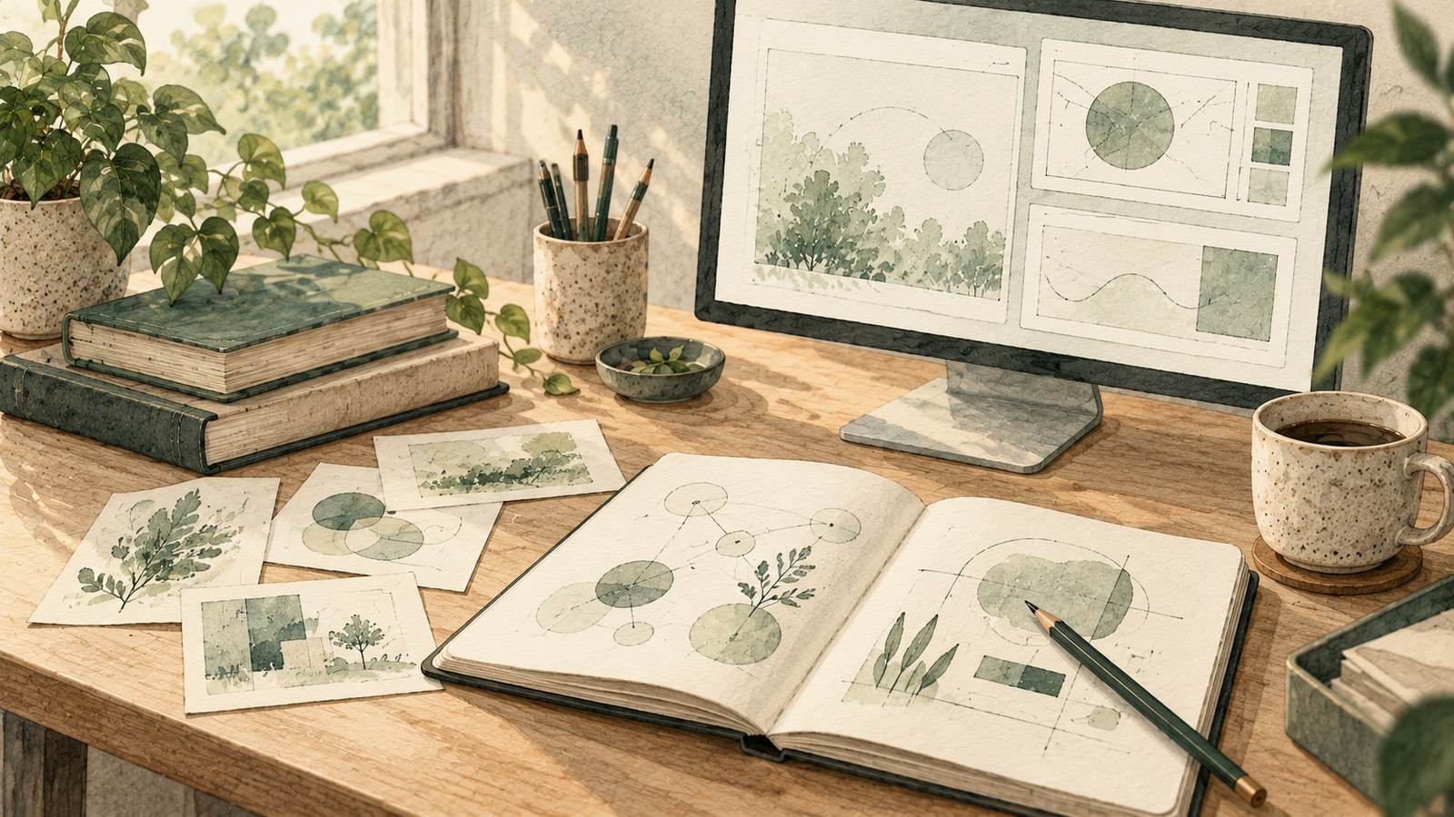 Watercolor illustration of reference books, an open notebook, loose cards, and a computer screen arranged on a sunlit desk.
